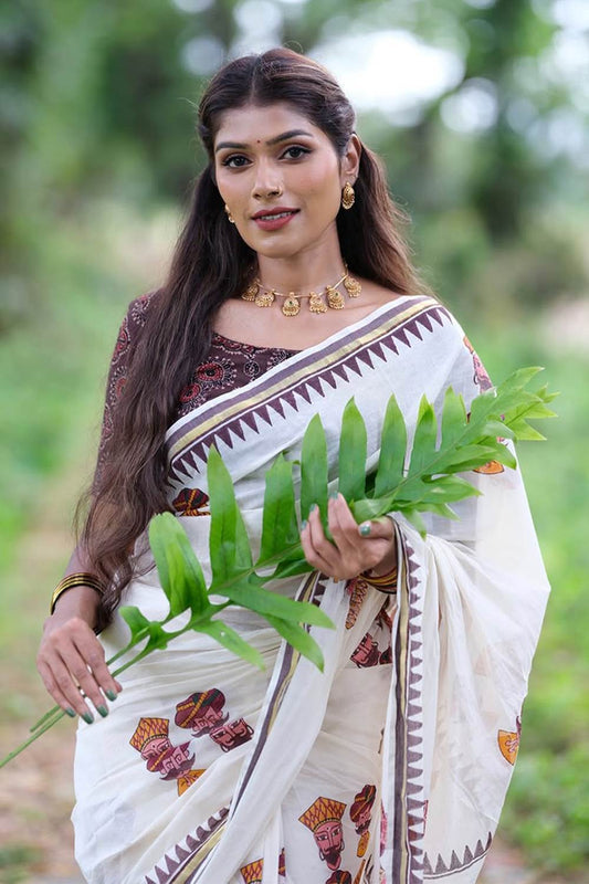 Offwhite Set Saree with Brown Border & Kathputhli Block Print
