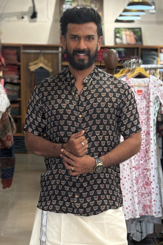 Black Modal Half Sleeve Shirt With Lotus Print