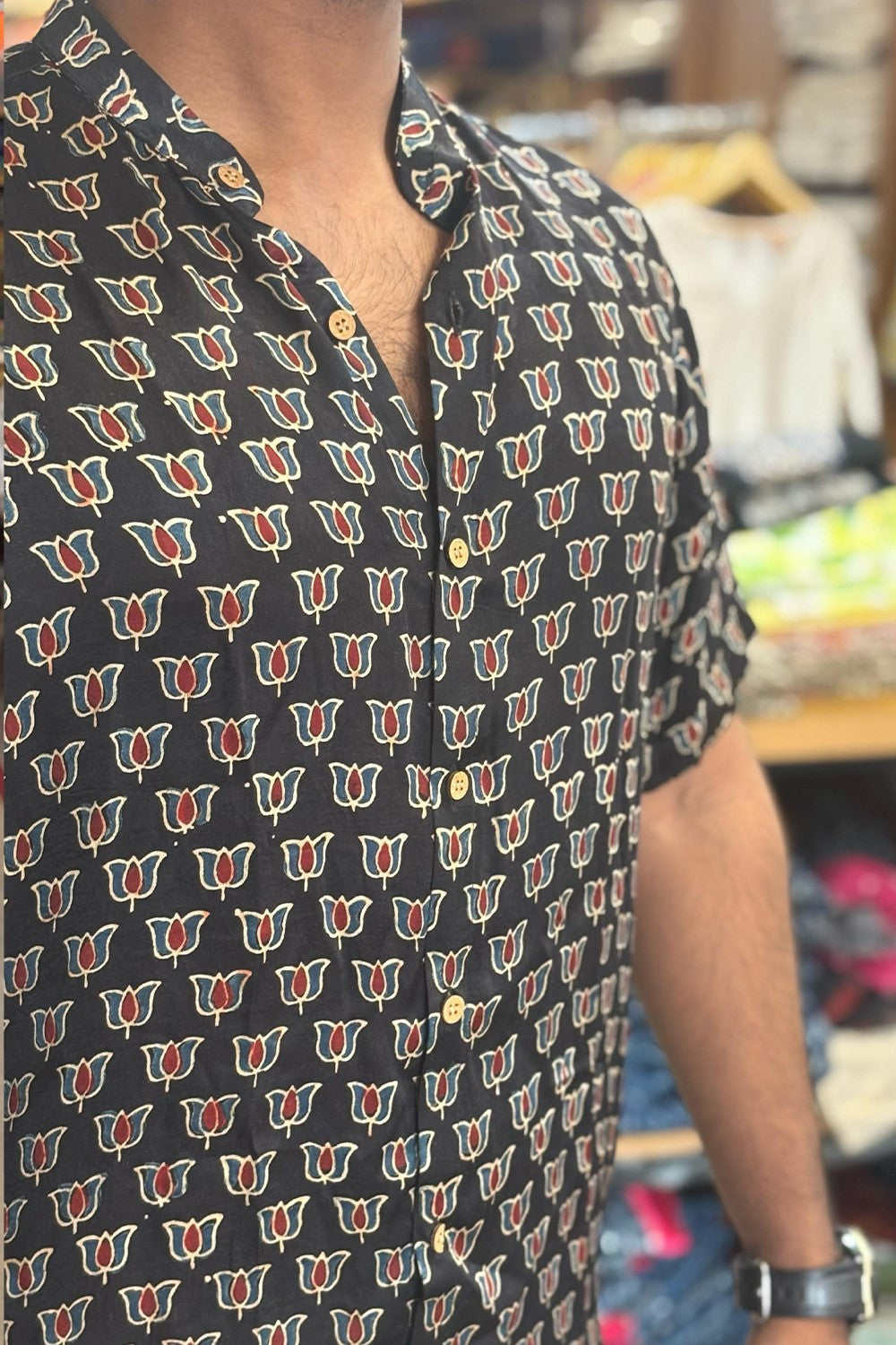 Black Modal Half Sleeve Shirt With Lotus Print