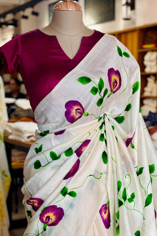 Pure Mulbery Silk Saree Hand Painted Shangupushpam