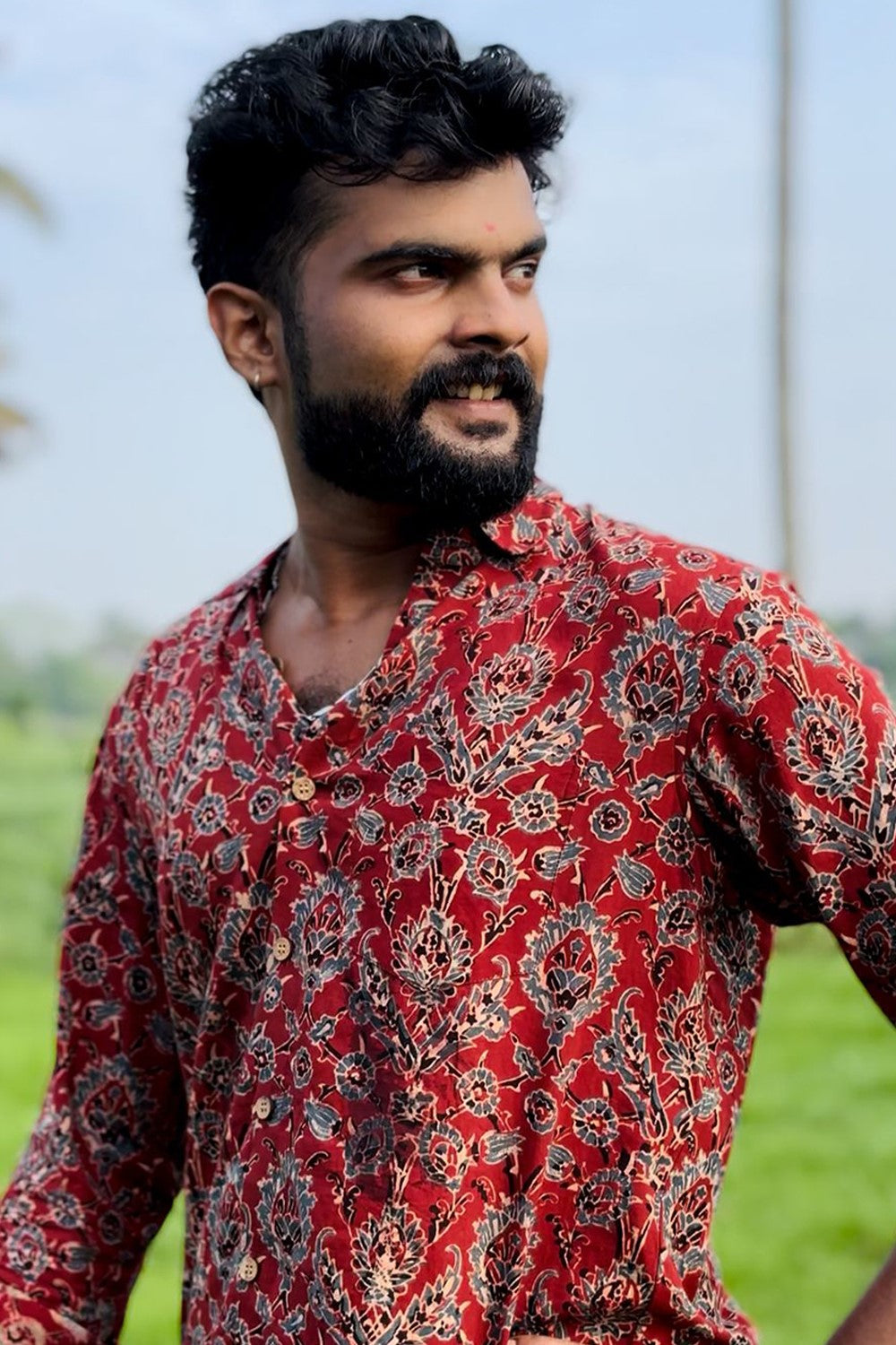 Red Base Ajrakh Floral Shirt