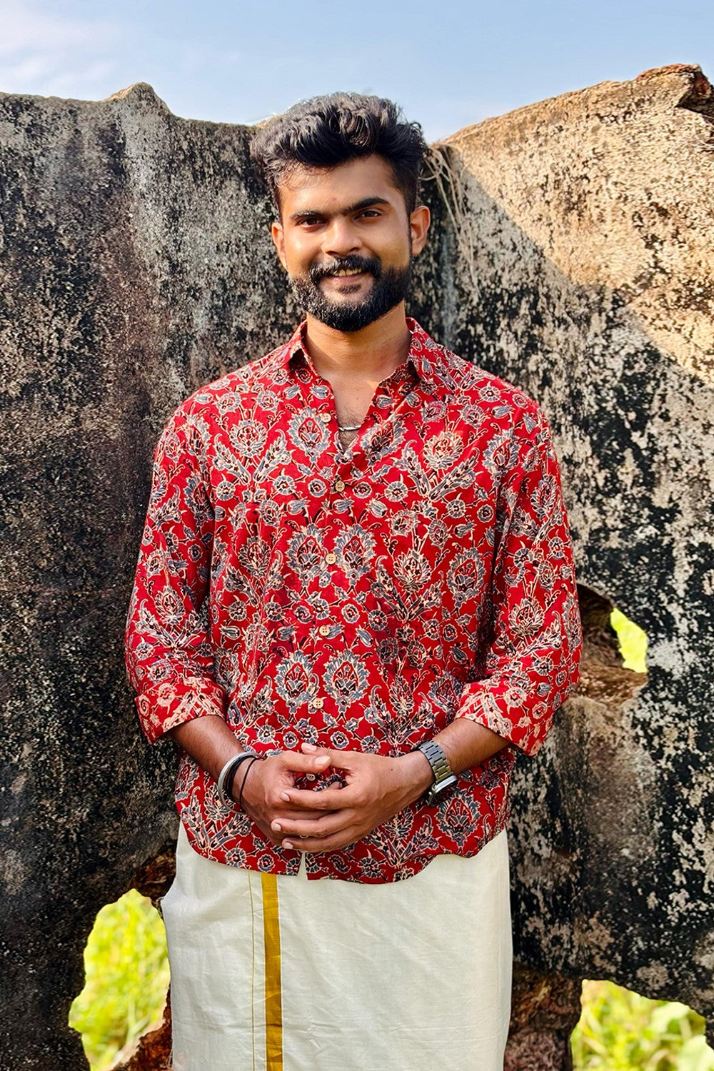 Red Base Ajrakh Floral Shirt