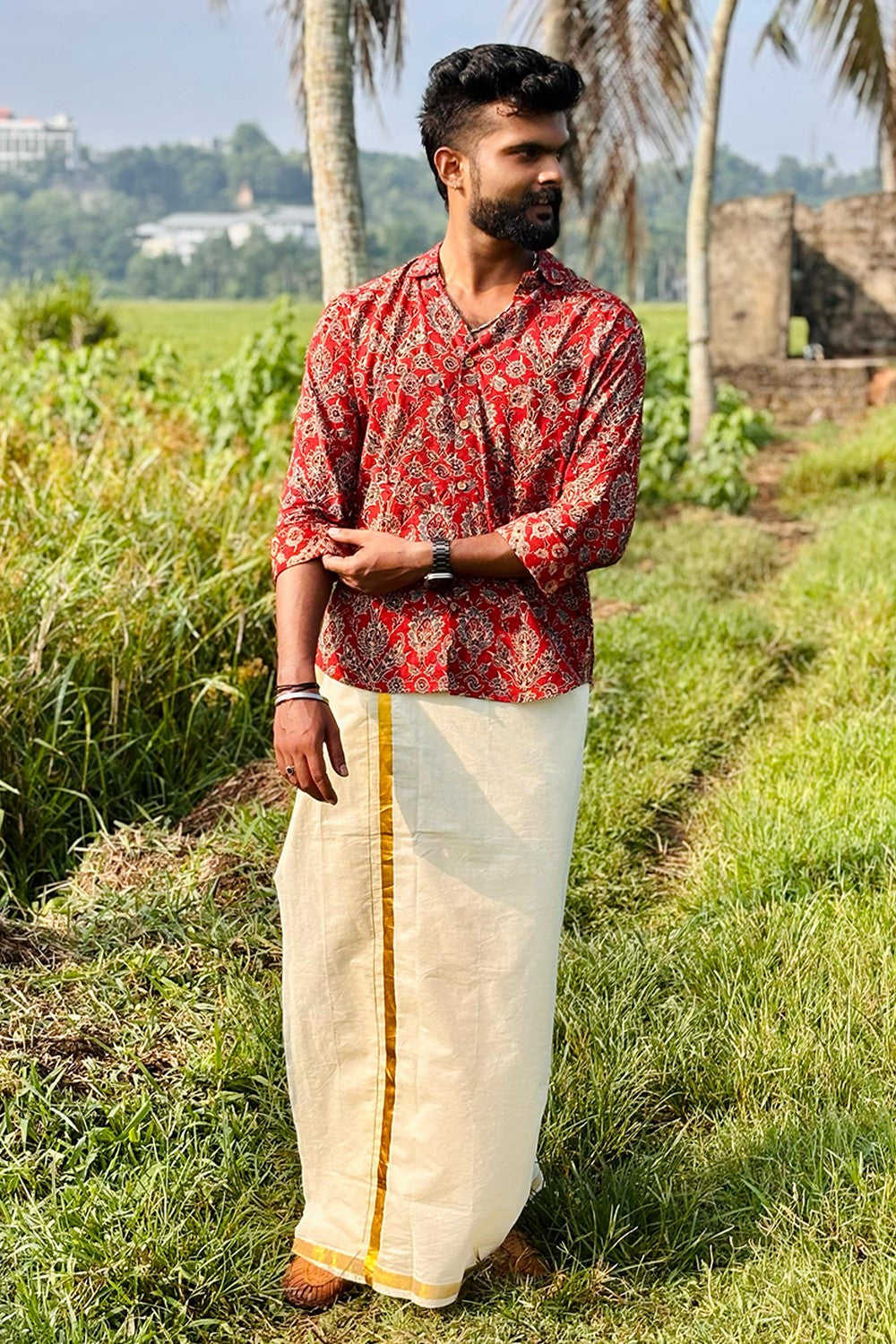 Red Base Ajrakh Floral Shirt
