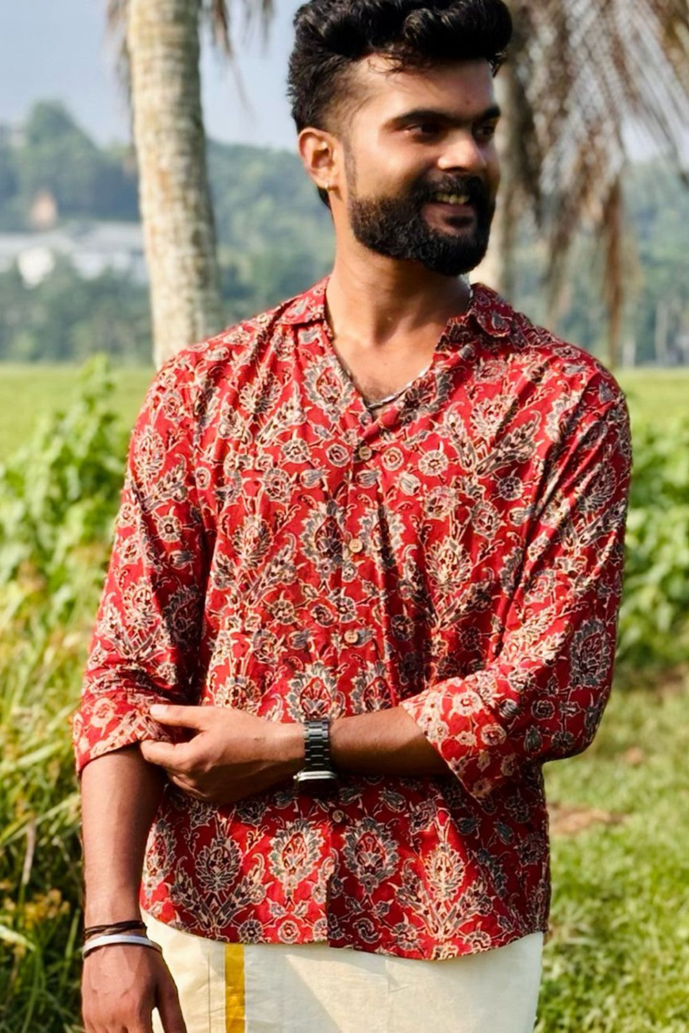 Red Base Ajrakh Floral Shirt