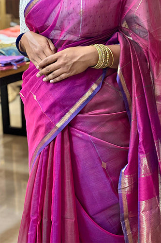 Purple Violet Dual Shade Maheshwari Saree Violet Border Tussel