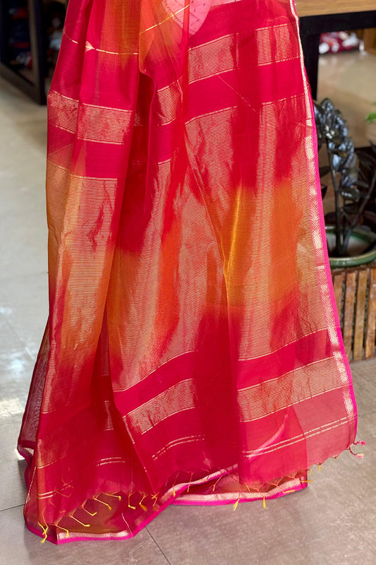 Red Orange Dual Shade Maheshwari Saree Pink Border & Tussels