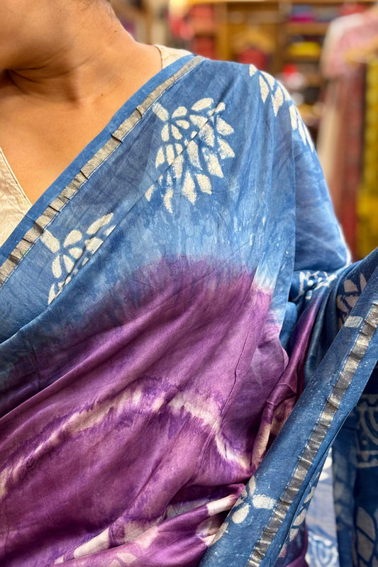 Indigo Chanderi Saree with Purple Shibori