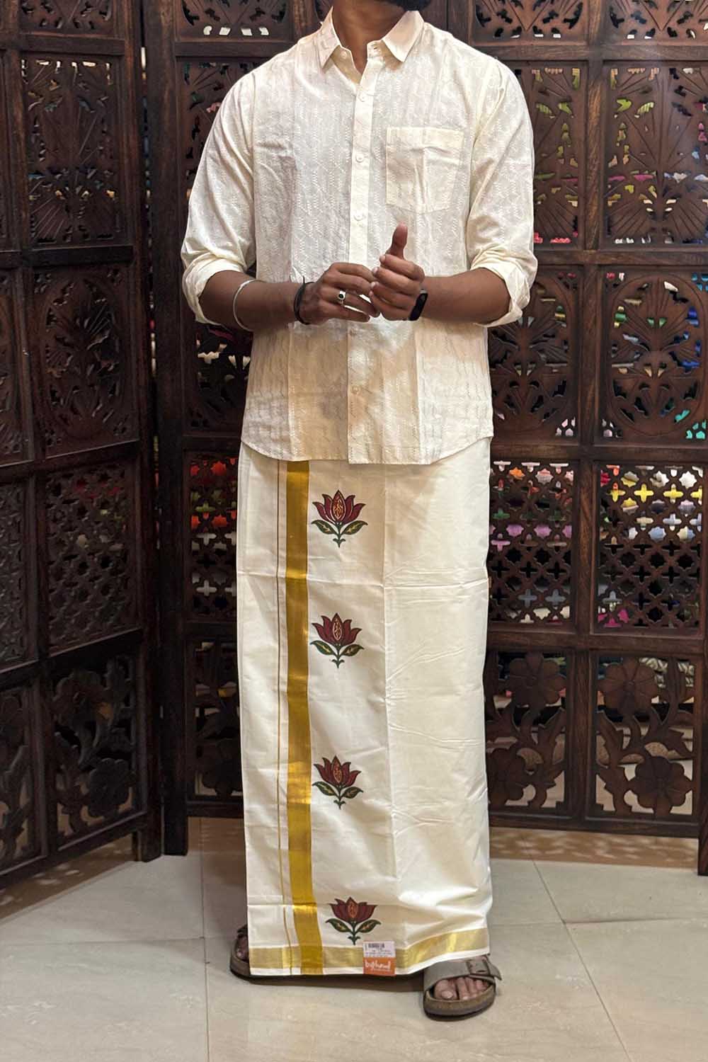 Offwhite Dhothi with Handblock Lotus Print