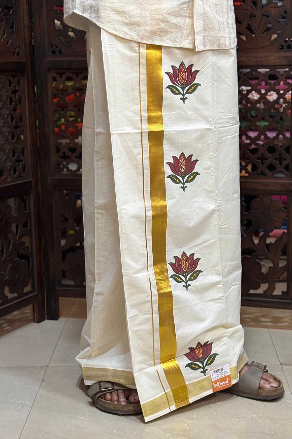 Offwhite Dhothi with Handblock Lotus Print