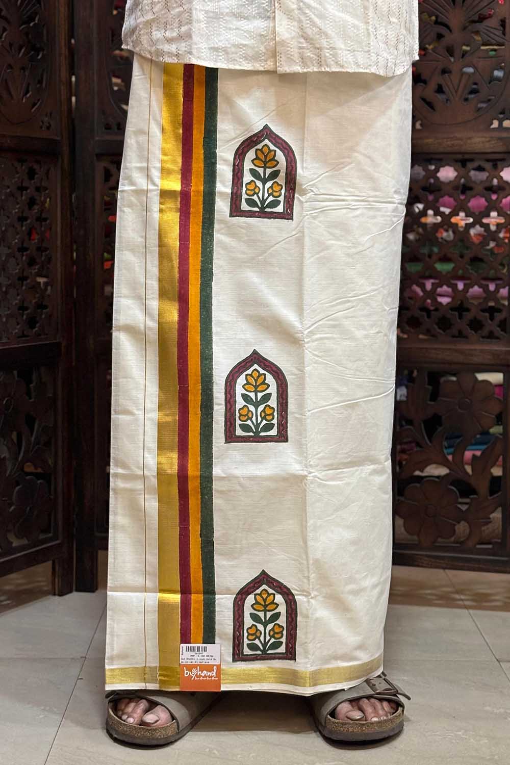 Offwhite Dhothi with Flower Window Block Print