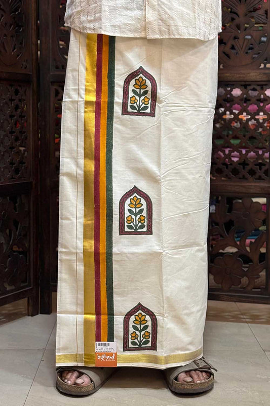 Offwhite Dhothi with Flower Window Block Print