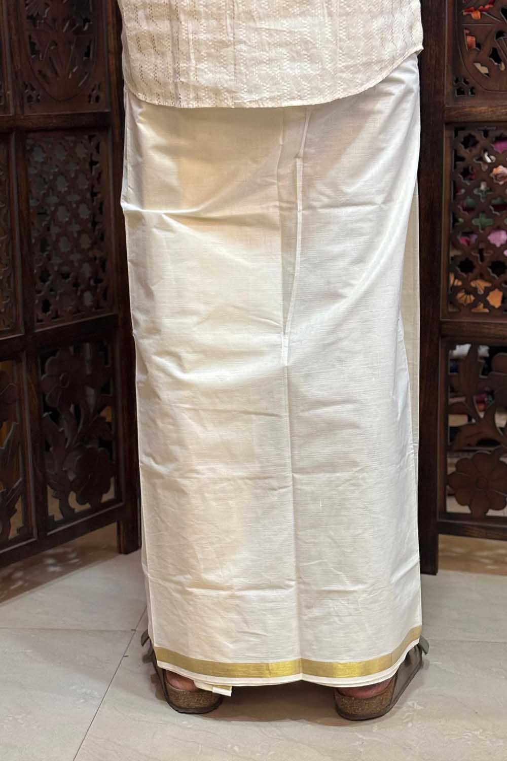 Offwhite Dhothi with Flower Window Block Print