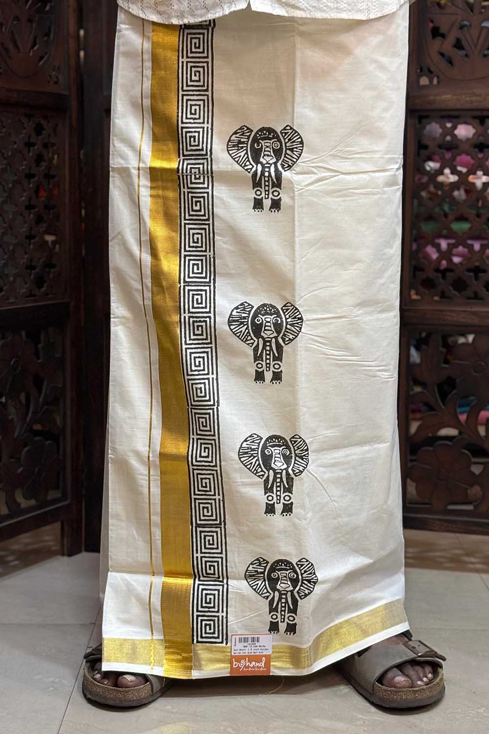 Offwhite Dhothi with Elephant Handblock Print