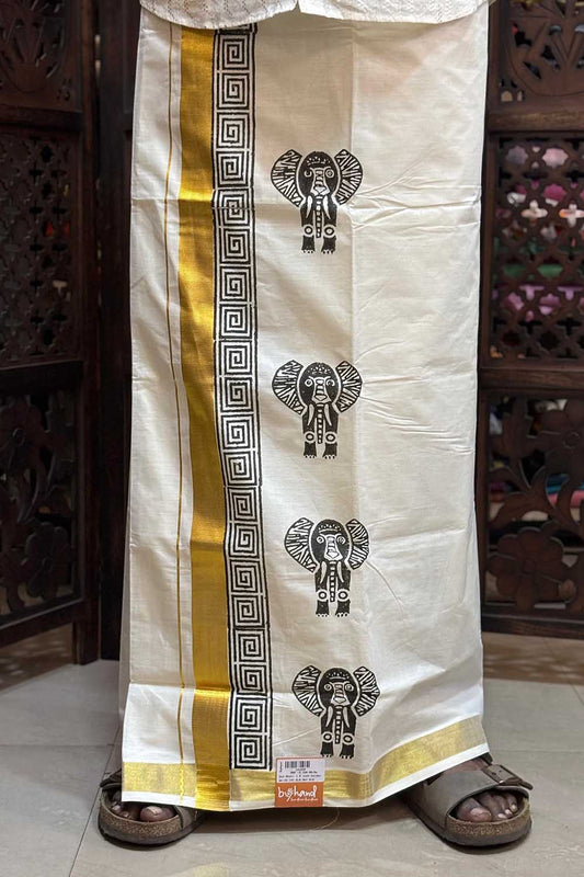 Offwhite Dhothi with Elephant Handblock Print