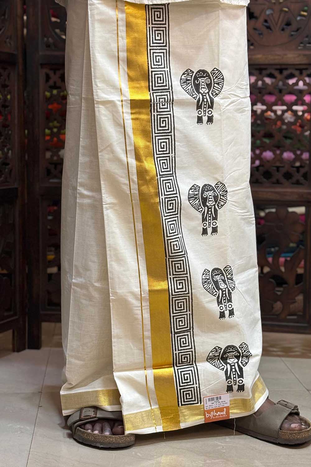 Offwhite Dhothi with Elephant Handblock Print