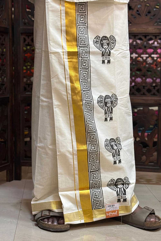 Offwhite Dhothi with Elephant Handblock Print