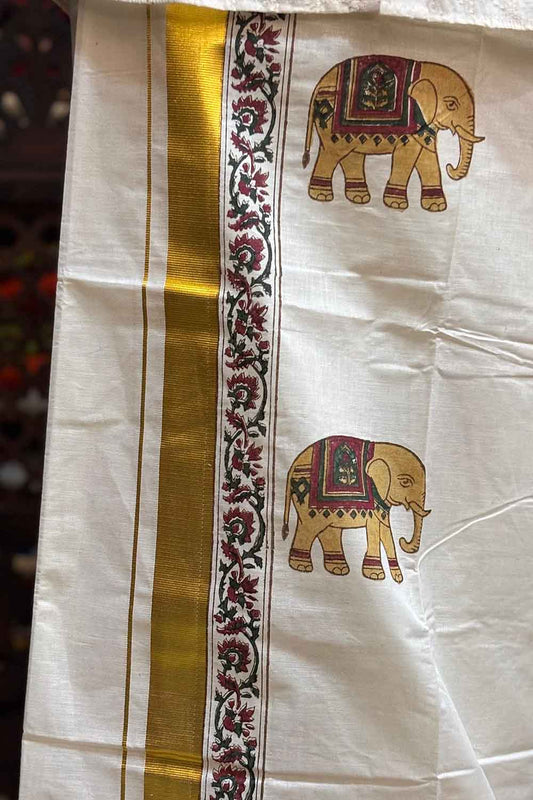 Offwhite Dhothi Elephand Handblock Print