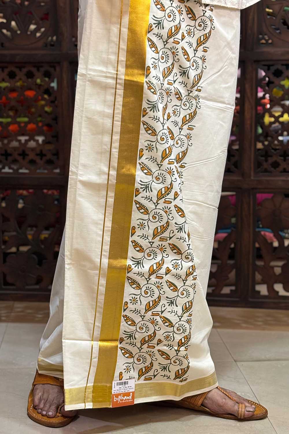 Offwhite Dhothi with Leaf Blockprint