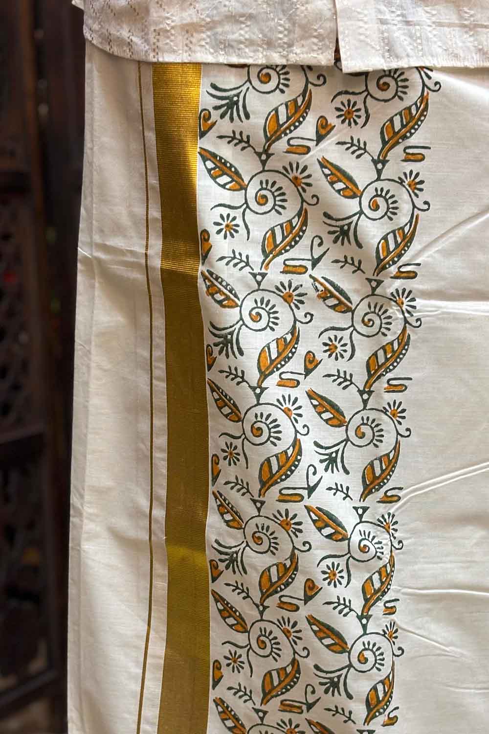 Offwhite Dhothi with Leaf Blockprint