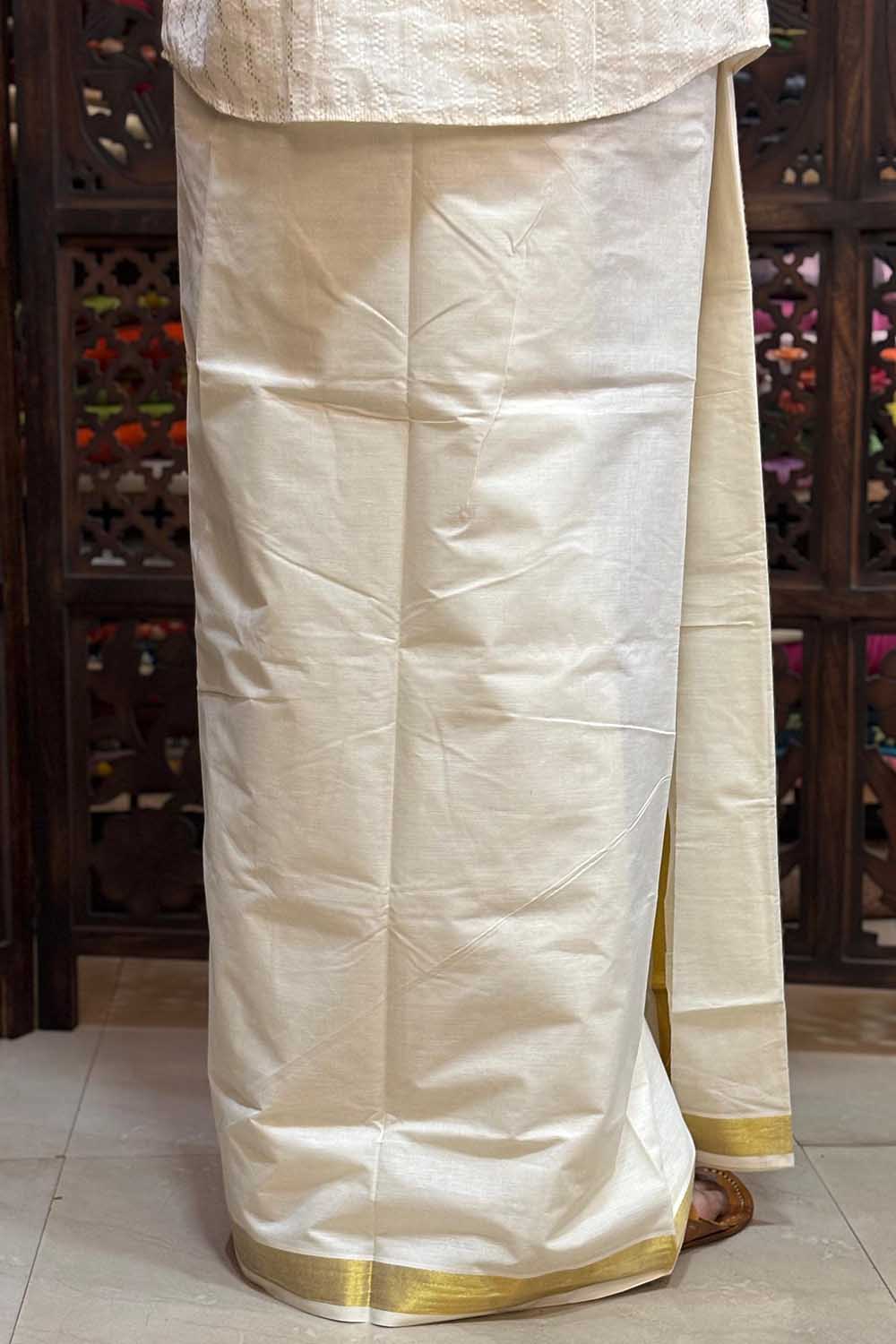 Offwhite Dhothi with Leaf Blockprint