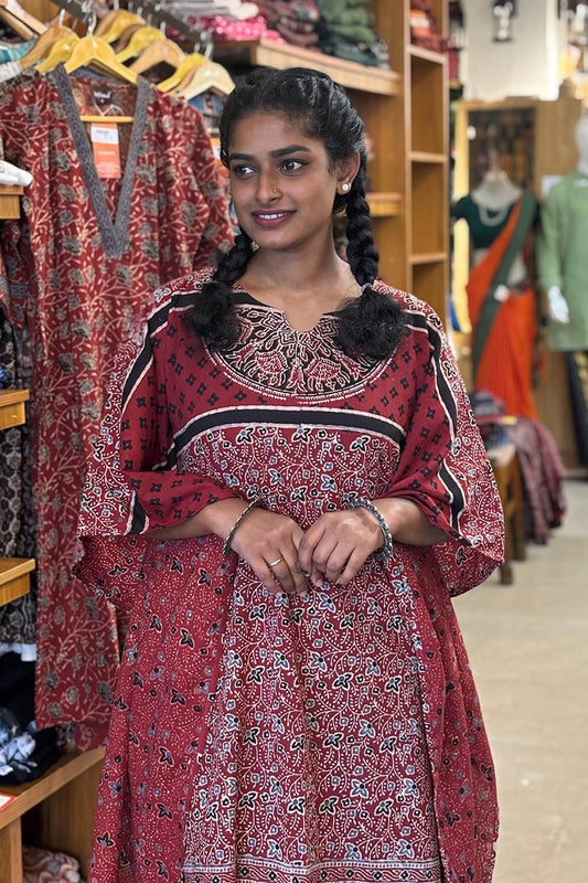 Red Base Ajrakh Floral Kaftan