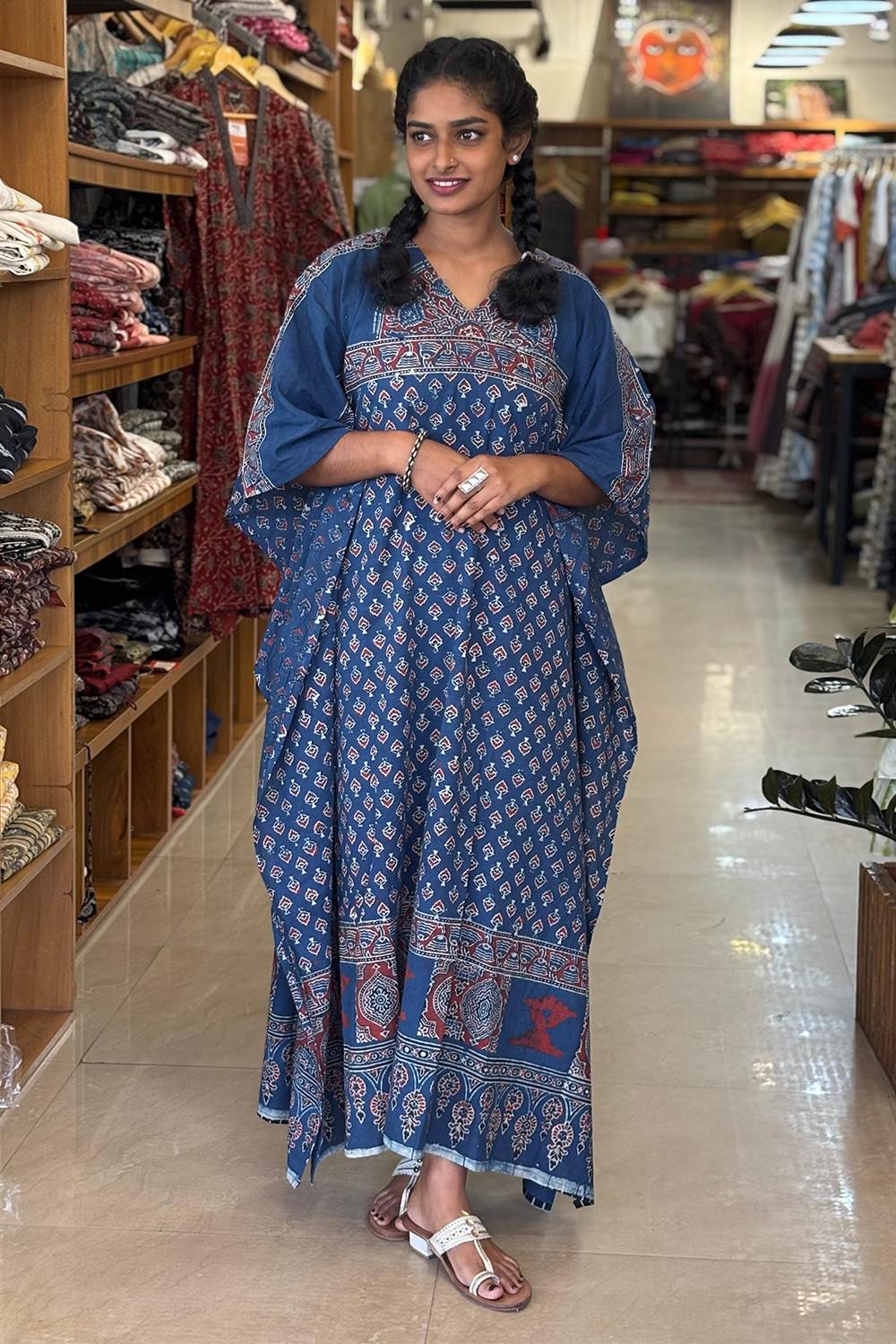 Blue Kaftan with Small Floral Print
