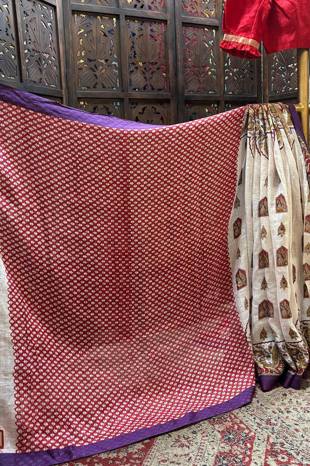 Peacock Print Linen Saree