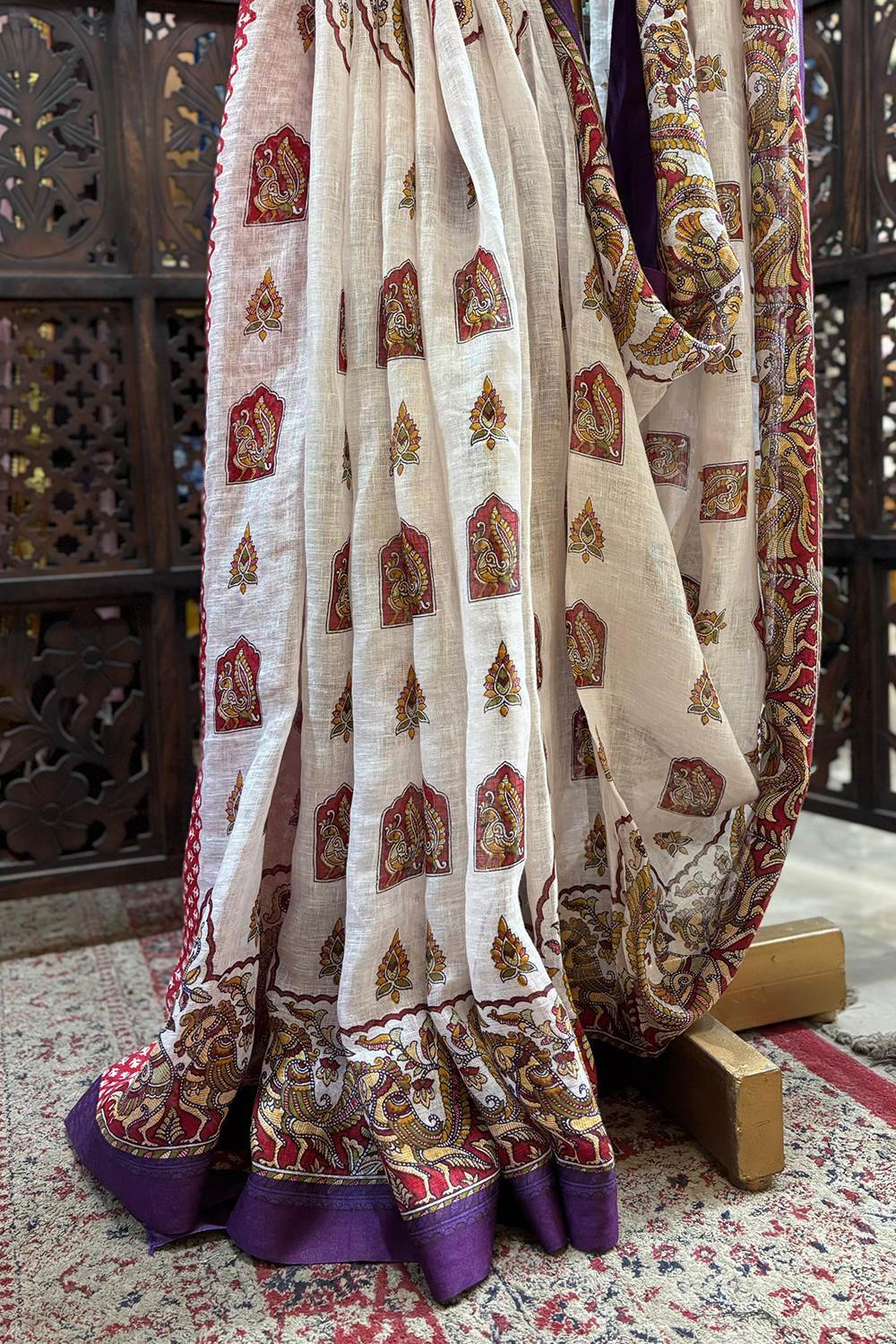 Peacock Print Linen Saree