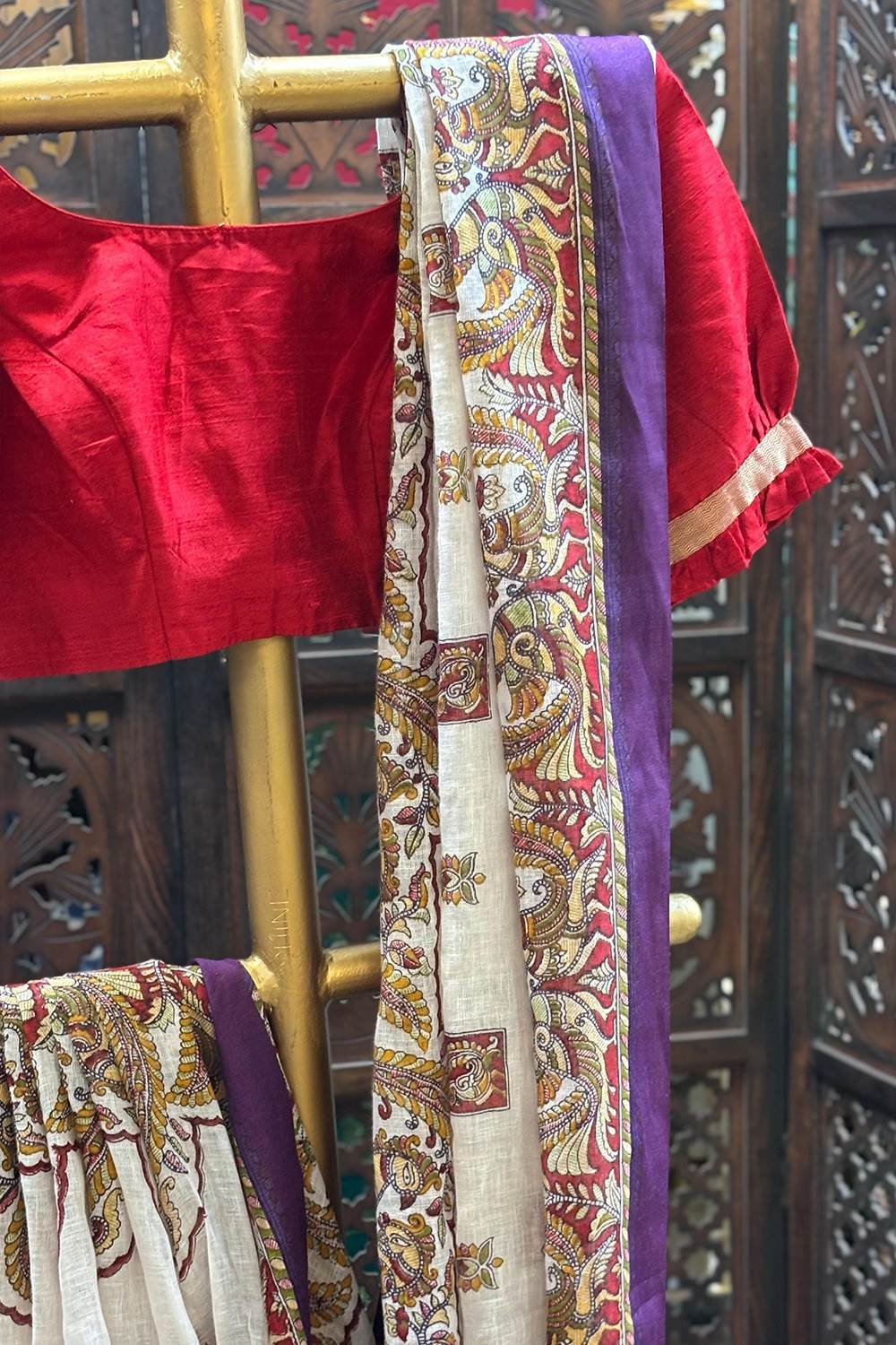 Peacock Print Linen Saree