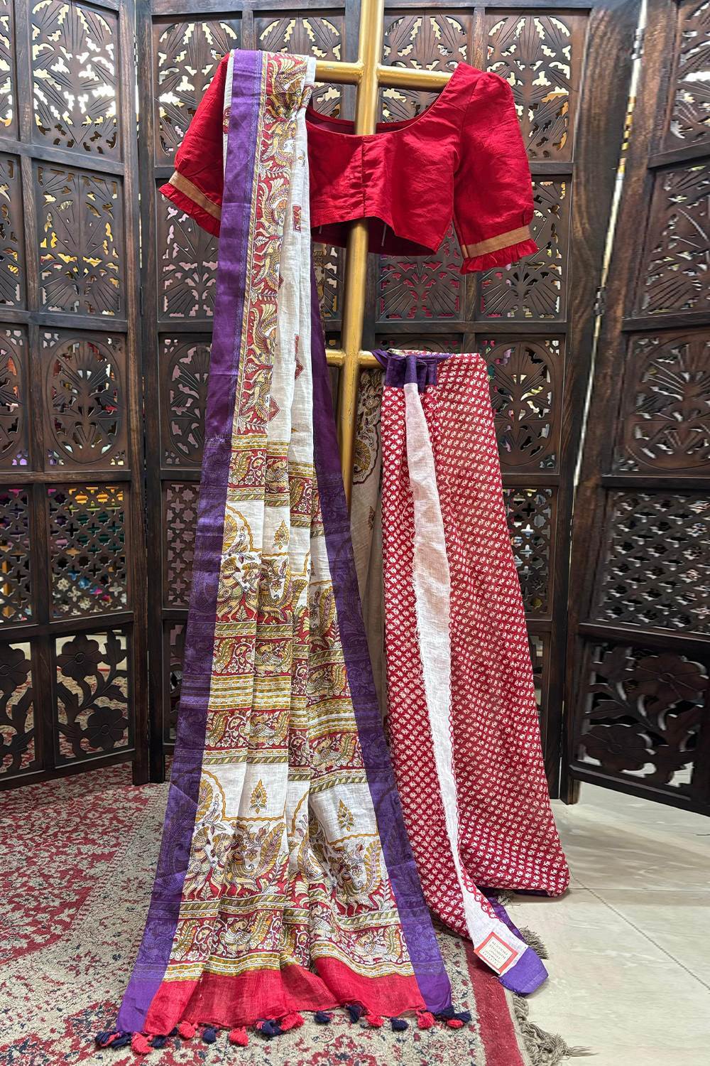 Peacock Print Linen Saree