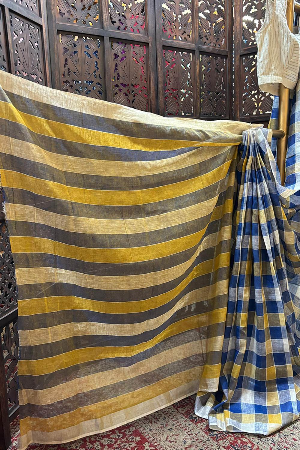 Linen Checks Saree with Gloden Border