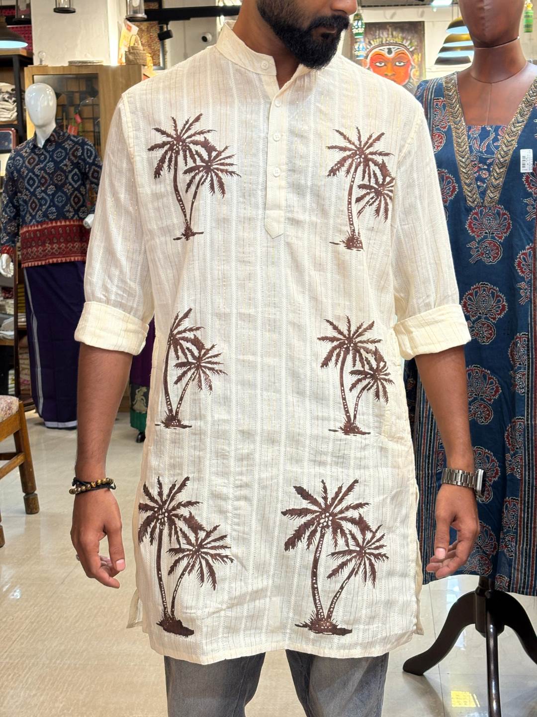 Offwhite Coconut Tree Hand Block Print Kurtha