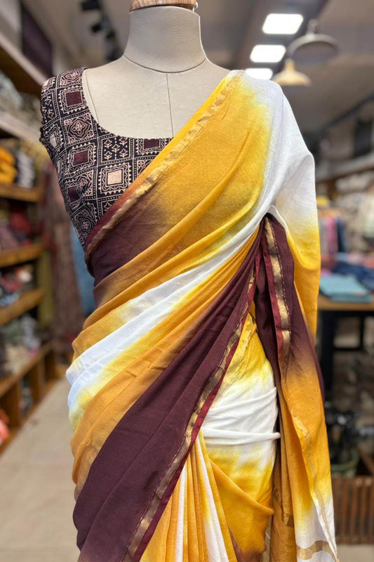 Dyed Yellow & Maroon Chanderi saree