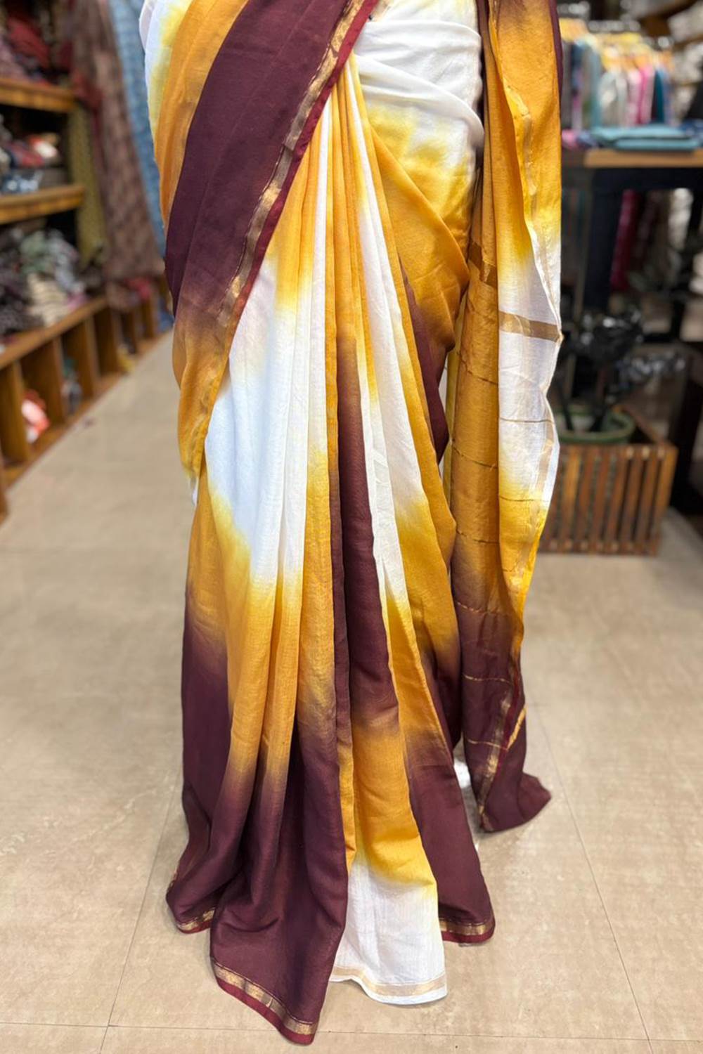 Dyed Yellow & Maroon Chanderi saree