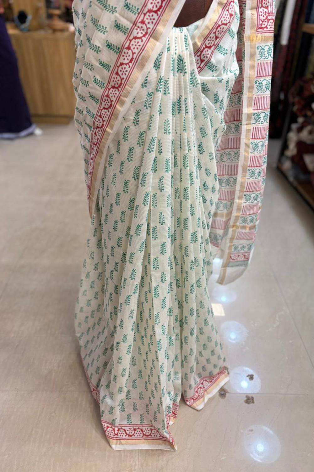 Offwhite Chanderi Saree with Blue Floral Motif