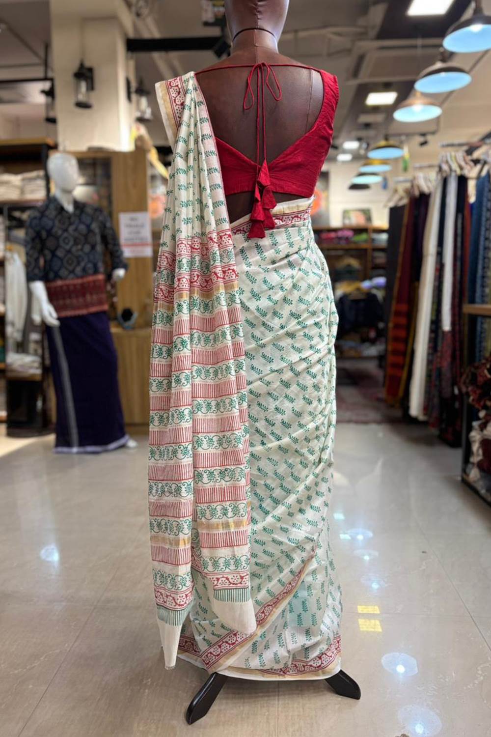 Offwhite Chanderi Saree with Blue Floral Motif