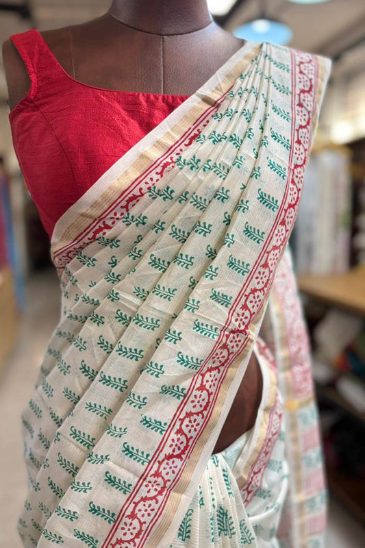 Offwhite Chanderi Saree with Blue Floral Motif