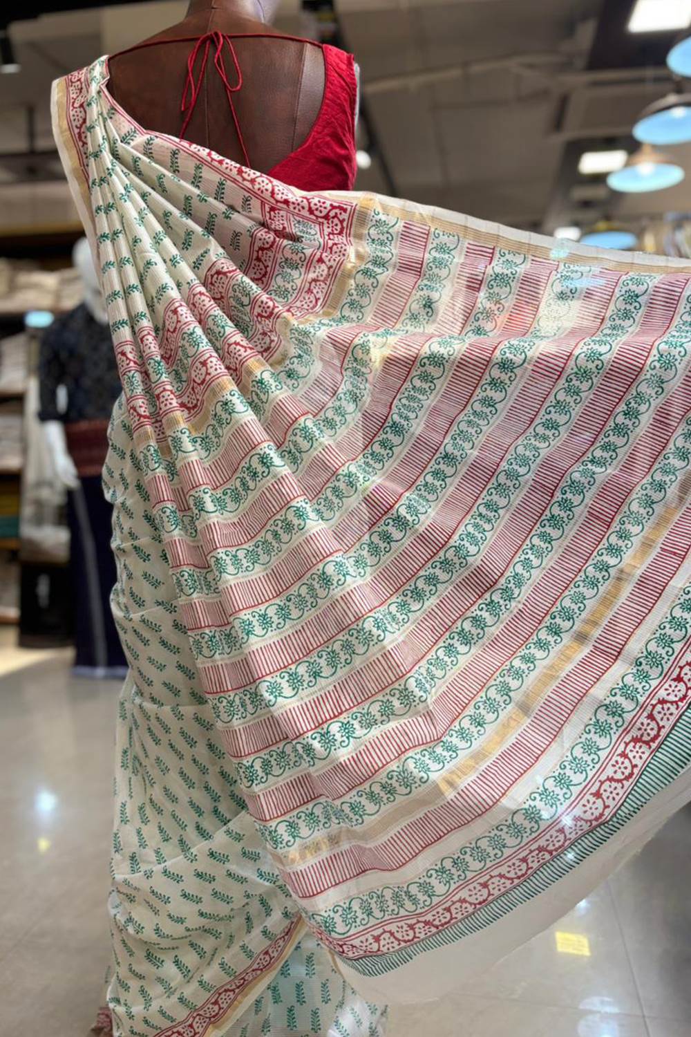Offwhite Chanderi Saree with Blue Floral Motif