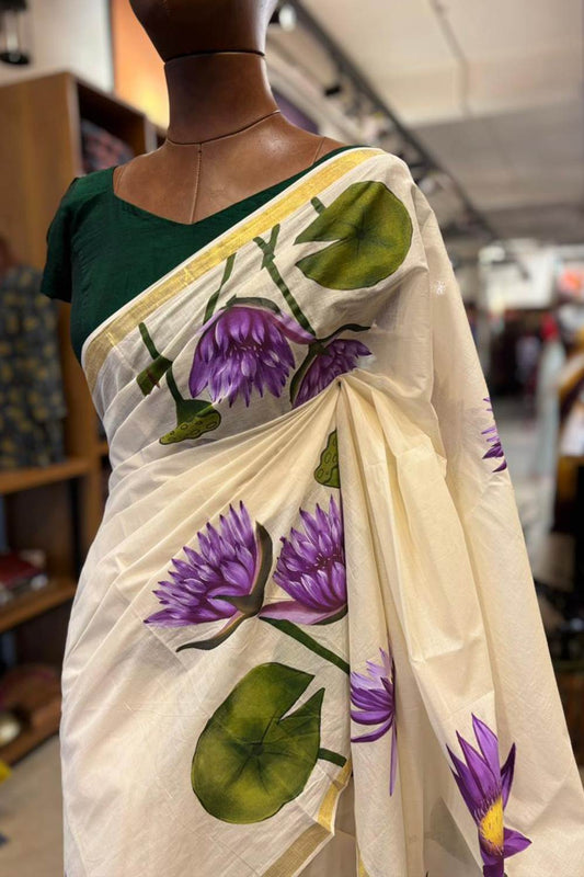 Kerala Saree with Golden Border & Handpainted Blue Water Lily