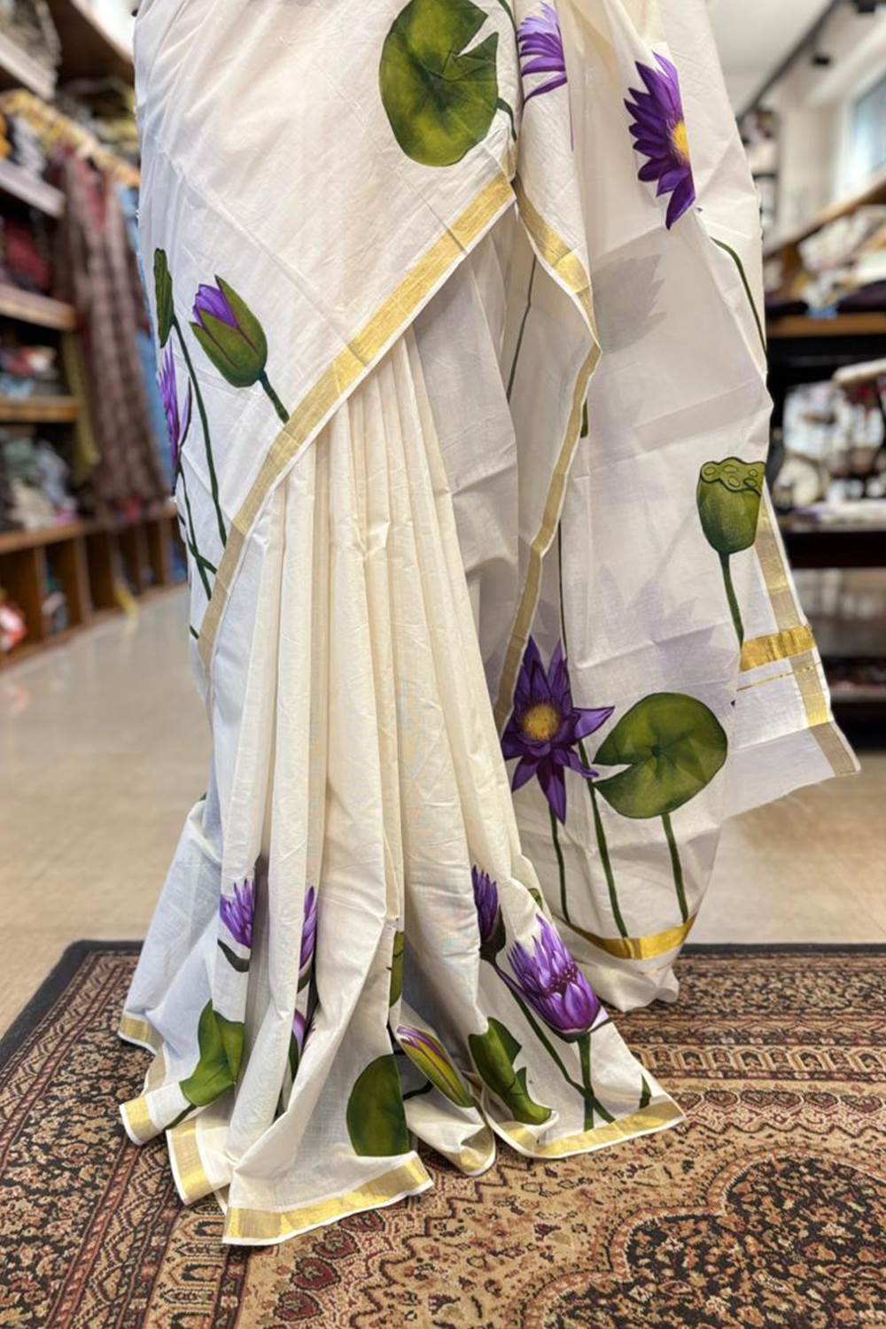 Kerala Saree with Golden Border & Handpainted Blue Water Lily