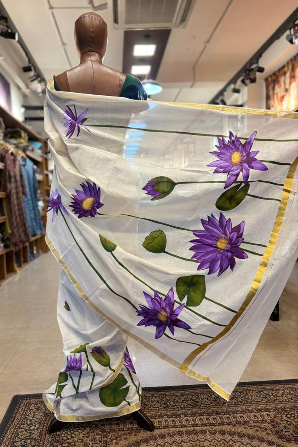 Kerala Saree with Golden Border & Handpainted Blue Water Lily