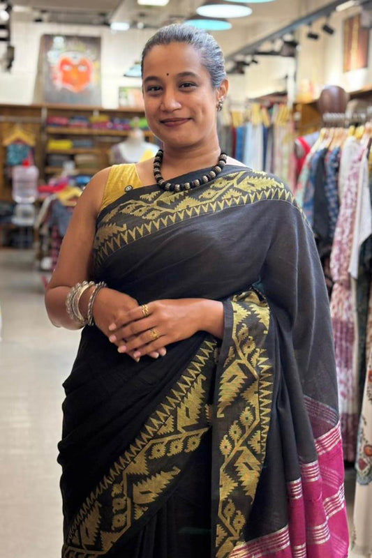 Black Cotton Saree with Jamdani Border