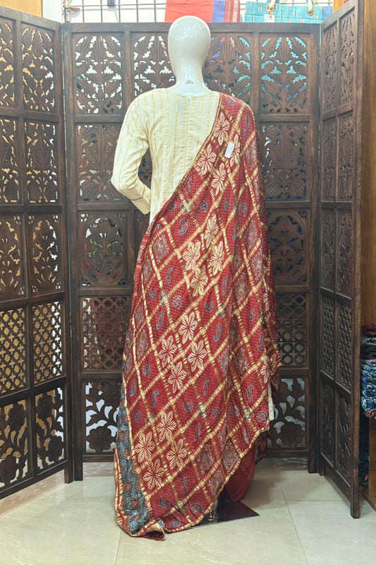 Red Base Gold Check Modal Silk Dupatta