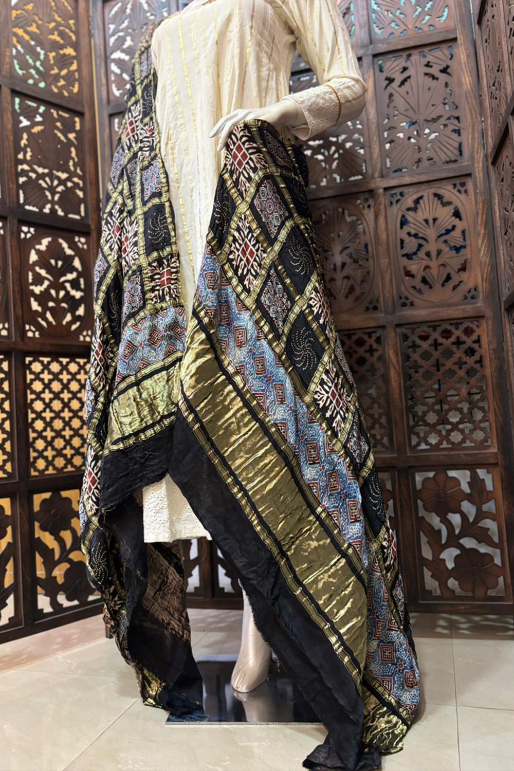 Black Base Gold Check Modal Silk Dupatta