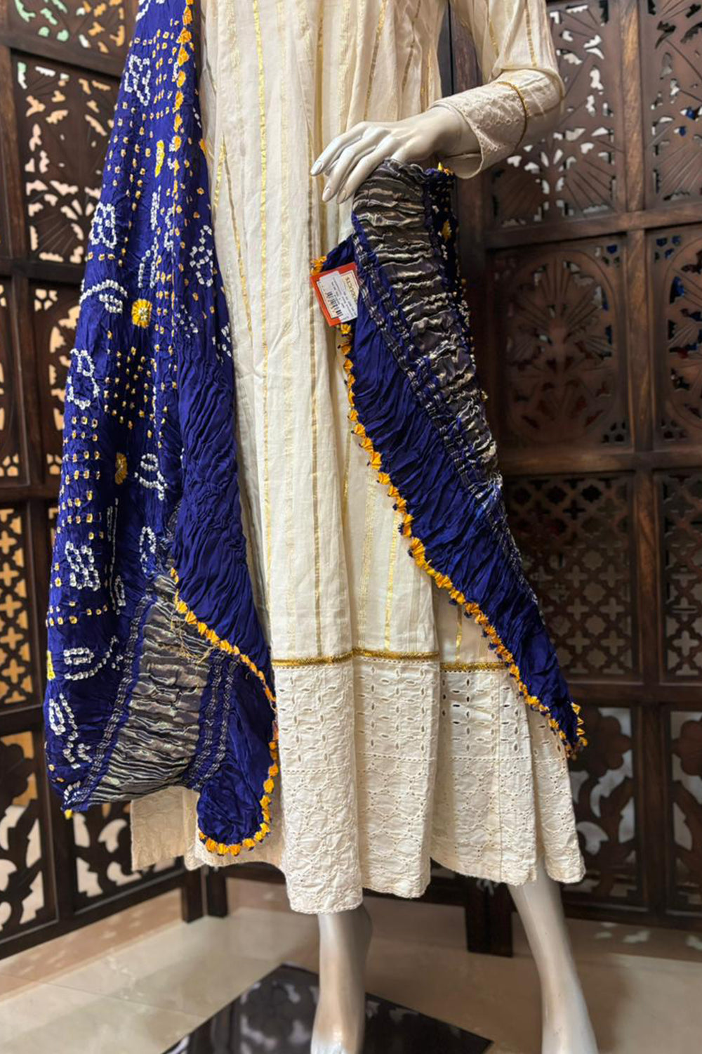 Dark Blue Base Yellow & White Modal Silk Dupatta