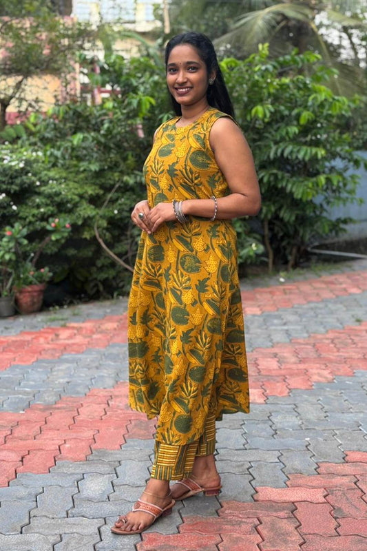 Yellow A Line Lotus & Leaf Print Co-ord Set