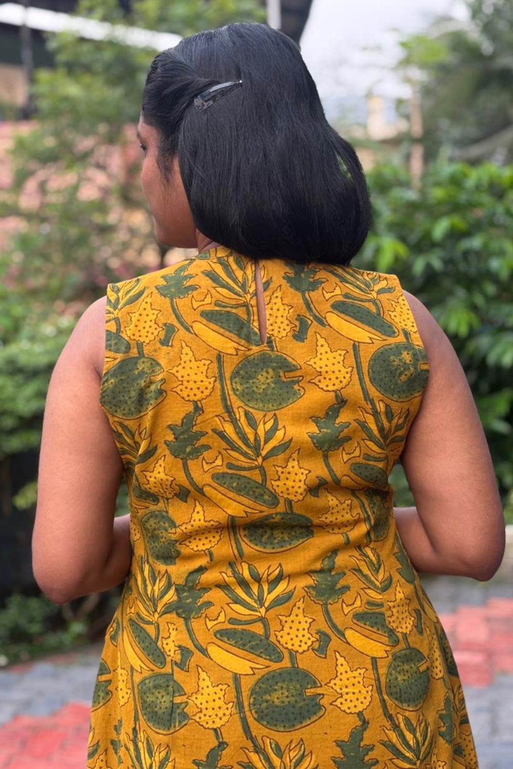 Yellow A Line Kurti with Lotus & Leaf Print