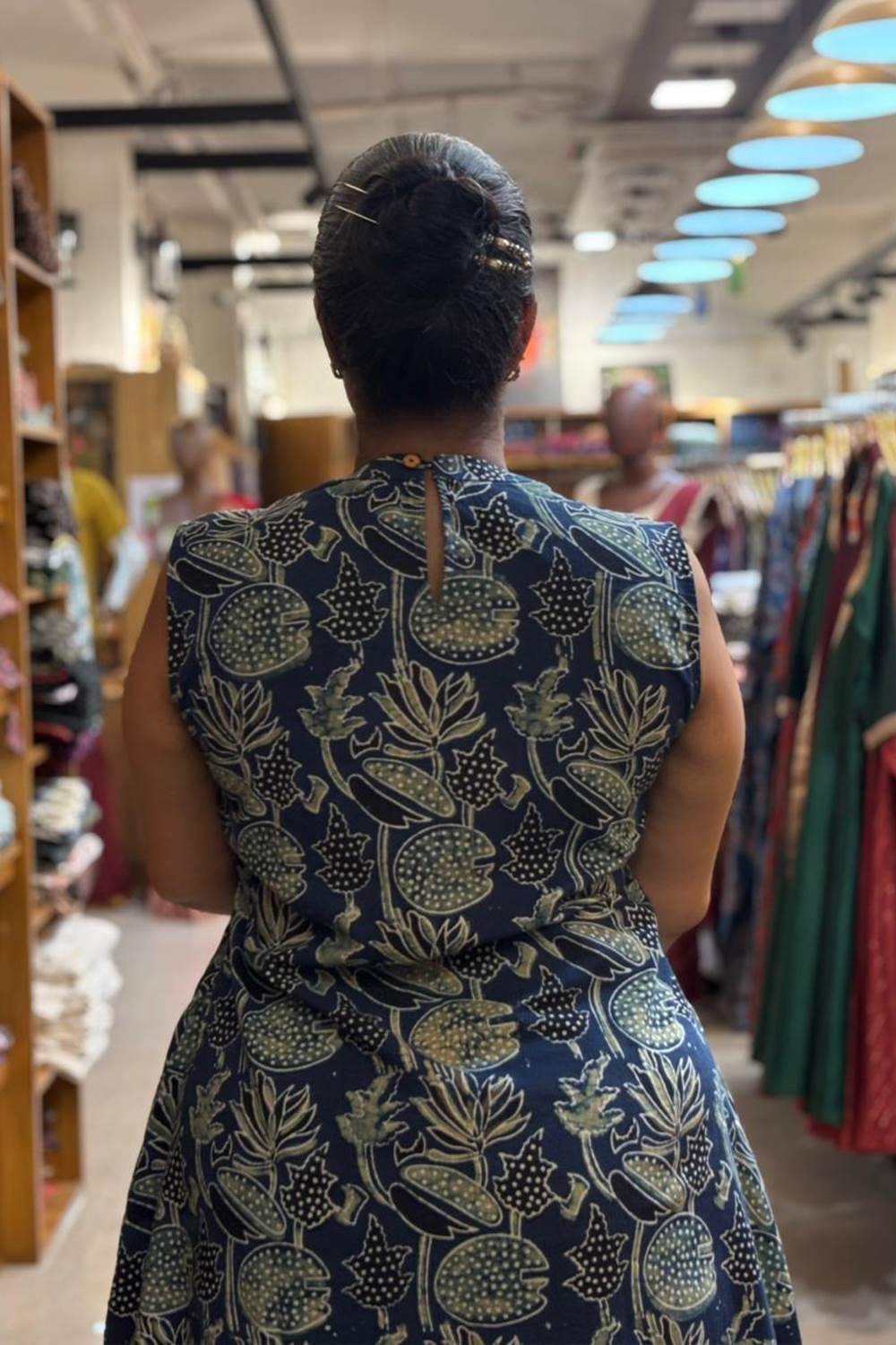 Blue A Line Kurti Lotus & Leaf Print