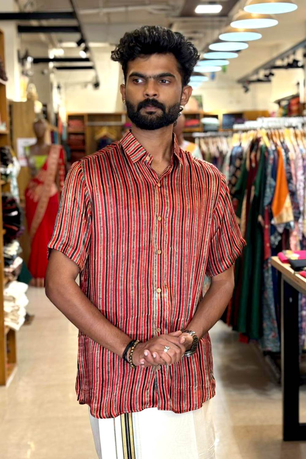 Red Modal Silk with Blue & Black Stripes Shirt