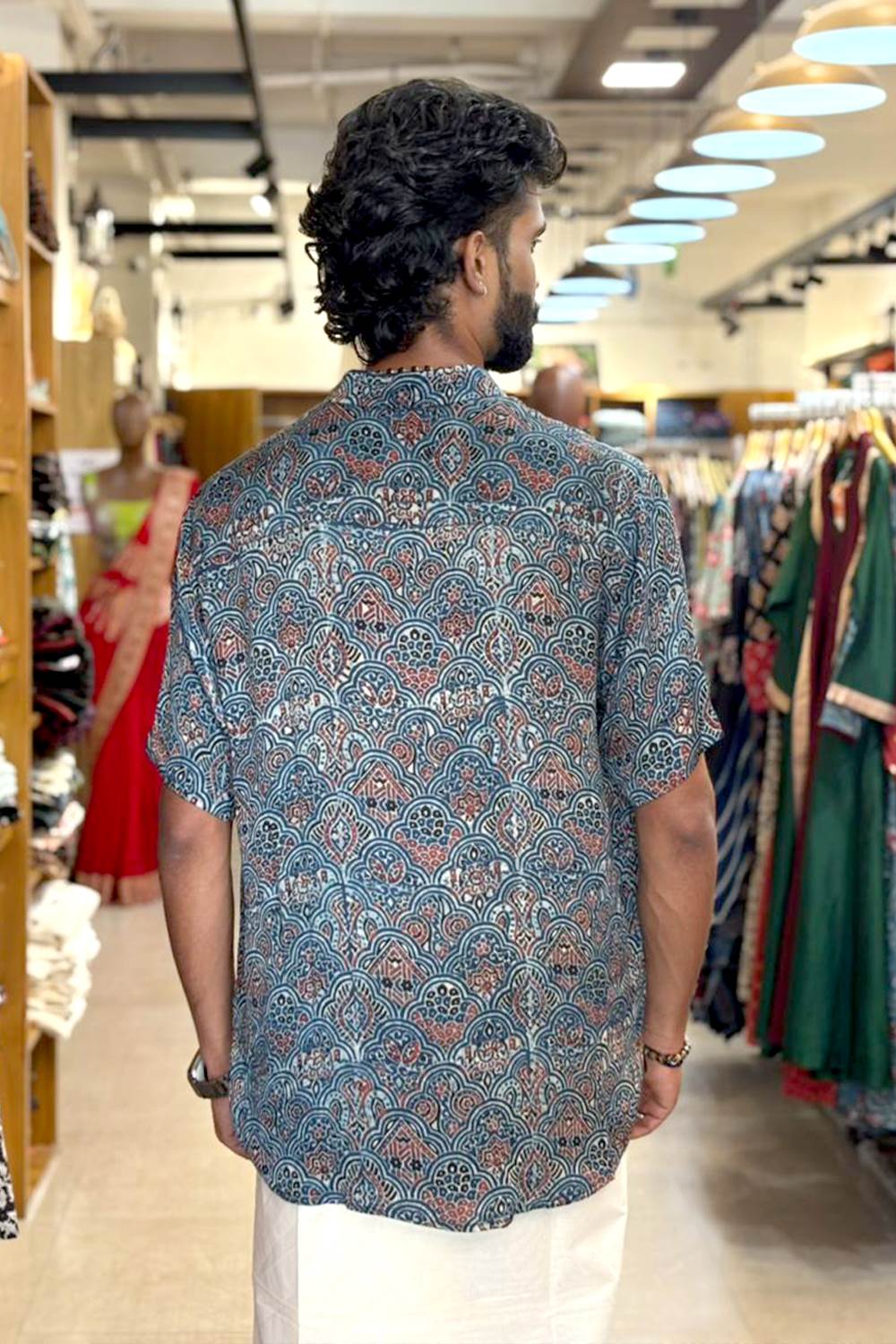 Blue Modal Silk Red Floral Print Shirt